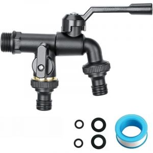 Robinet Exterieur Double de Jardin en Laiton, Noire Robinet Entr&eacute;e 3/4 avec 2 sorties 3/4", Robinet de Jardin Double Sorties pour Jardin, Citerne de