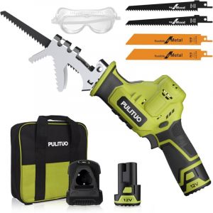 Scie Sabre Sans Fil,PULITUO 12V Scie Ego&icirc;ne Electrique sans Fil Vitesse Variable 0-2700RPM,vert scie sabre sans fil avec batterie2.0Ah&1h Chargeur