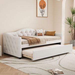 Méridienne, méridienne 90x200cm avec lit gigogne, canapé lit, lit simple (sans matelas), lin, style minimaliste, beige