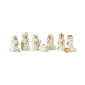 Crèche de Noël 7 Santons "Scène Nativité" 6cm Blanc & Or