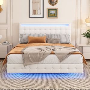 Lit double capitonné 140x200 cm - avec éclairage led et tête de lit réglable, sommier à lattes, cadre de lit suspendu, lit adulte style Scandinave
