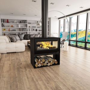 Poêle à bois double face - BRONPI Cairo 90-D Box 13 kW Foyer en vermiculite - Avec kit ventilation - Avec bûcher