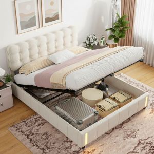 Lit 140x190 avec rangement, lit coffre 140x190 avec sommier, lit adulte velours, t&ecirc;te de lit nuage, veilleuse capteur, style scandinave - Beige