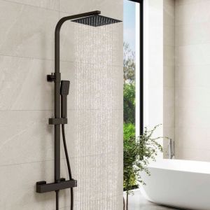 Ocean Sanitaire - ocean Colonne de douche thermostatique &eacute;l&eacute;gante noire, r&eacute;glable en hauteur avec pomme de douche carr&eacute;e, ensemble de douche en acier