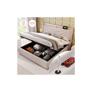Lit double rembourré Lit de rangement Tête de lit avec fonction de chargement USB type C,Lit de rangement Cadre de lit en lin Lit de jeune 180x200