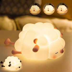 Veilleuse b&eacute;b&eacute; en silicone - Rechargeable par USB - Lampe de chevet tactile &agrave; intensit&eacute; variable - Motif mouton Kawaii - Veilleuse chambre d'enfant
