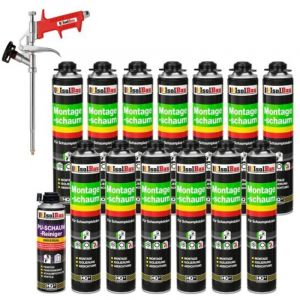 ENSEMBLE Mousse Pistolet 13 x 750 ml + 1 Pistolet &agrave; Mousse M&eacute;tallique + 1 Nettoyant Mousse Expansive