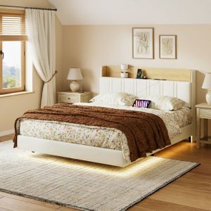 Lit adulte 160x200 cm, lit double avec t&ecirc;te de lit rangement, lit flottant avec LED et 2 ports USB, sommier &agrave; lattes en bois, style scandinave, PU,