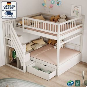 Modfu - Lit superposé 140x200 cm,Bois Certifié pefc ,Lit de sécurité renforcé avec barrières hautes, sommier à lattes, échelle de sécurité avec
