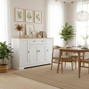 URBAN MEUBLE Buffet de cuisine blanc et effet bois 1 tiroir et 4 portes, &eacute;tag&egrave;res r&eacute;glables 138x40x85cm