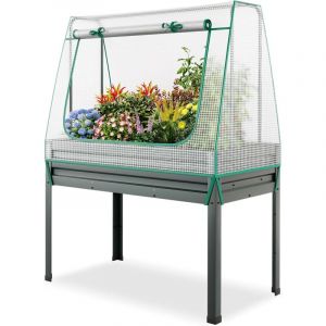 Jardinieres Exterieur Sur&eacute;lev&eacute; avec Mini Serre et Treillis, Carre Potager avec Fen&ecirc;tre Enroulable, Trous de Drainage, Kit de Jardini&egrave;re en M&eacute;tal