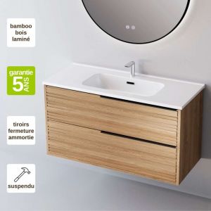 Sanizeo - Meuble de salle de bain plan vasque Céramique, 2 Tiroirs,l60xh54xp45, Chêne Naturel Pognée Noire, bamboo
