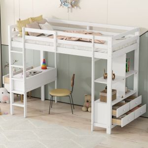 Lit mezzanine, lit mezzanine enfant 90 x 200 cm avec tiroirs de rangement et bureau sous le lit, sans matelas, blanc