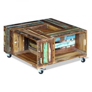 Table basse sur roulettes bois de récupération massif Elano