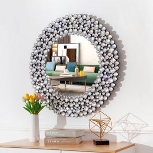 Shyfoy - Miroir mural de luxe, miroir mural en maçonnerie de cristal baroque décoré d'argent 3D, décor de couloir d'art moderne, rond 34 pouces