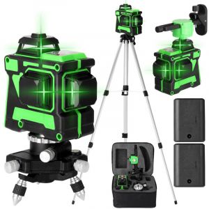 Sunxury - Niveau Laser 3D avec 12 Lignes, Nivellement Automatique, Base Rotative à 360° et Barre d'Extension en Alliage d'Aluminium, Laser vert