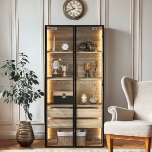 Modfu - Vitrine, armoire, bibliothèque avec éclairage led, 2 grands tiroirs et 2 portes, , design fonctionnel - largeur 73 cm.