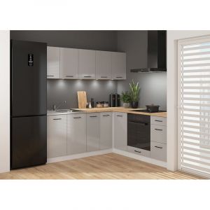 Cuisine d'angle compl&egrave;te 200x200 cm, Meubles de cuisine modulables coloris Gris clair brillant/Blanc, plan de travail ch&ecirc;ne dor&eacute; inclus
