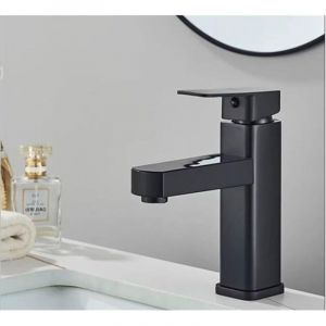 Robinet de salle de bain noir carr&eacute; &agrave; profil bas avec tuyau d'arriv&eacute;e de 60 cm Robinet de lavabo Robinet d'eau chaude et froide &agrave; bec large de style