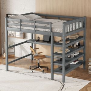 Lit mezzanine 140x200cm, lit enfant avec bureau sous le lit + étagère de rangement, sans matelas, gris