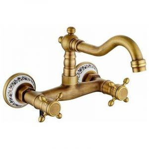 Robinet de Cuisine Mural Ancien Mitigeur Cuisine Mural Robinet Cuisine Mural Retro Bronze Antique Rotation 360 &deg; Double Contr&ocirc;le Prune Croix Volant