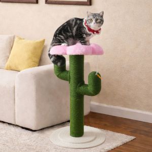 Arbre &agrave; chat cactus 90 cm vert, poteaux sisal &eacute;pais 10 cm, base stable MDF, plateforme fleur, dispositif anti-basculement
