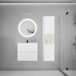AICA Ensemble meuble vasque L.60cm 2 tiroirs + lavabo + LED miroir rond 60cm + colonne,blanc,design