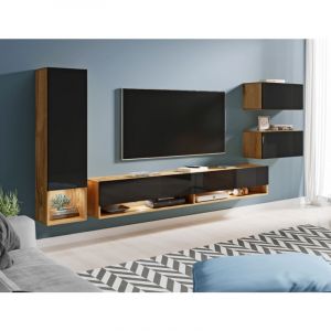 Bratex - Ensemble de meubles de salon amadeo, ensemble de meubles de salon, sans &eacute;clairage led, couleur wotan/noir brillant