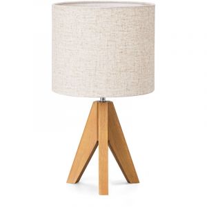EDISHINE Lampe de table avec abat-jour en lin, lampe de chevet en bois H36 cm, ampoule E27 LED 2700K incluse, noyer clair, tr&eacute;pied