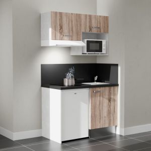 Kitchenette K02L-PT - 120 cm avec plan de travail et &eacute;vier - emplacements frigo, hotte et micro-ondes - Fa&ccedil;ade Bois - Plan Noir textur&eacute; - Evier Inox