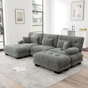 Canap&eacute; d'angle 3 places avec 5 coussins, canap&eacute; en U, tissu chenille, rembourrage en mousse, meuble de salon, 313&times;145&times;81cm, gris