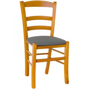 Chaise paysanne en merisier avec assise en similicuir anthracite