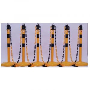 Kit poteaux de blocage PU jaune/noir avec pied hexagonal D63xH1.000mm 6 poteaux et 5 cha&icirc;nes - 12463 SG