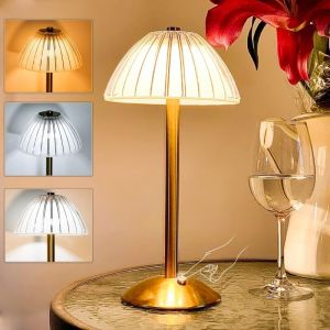 Lampe de bureau led champignon portable avec capteur tactile-3 couleurs de lumière et de luminosité à intensité variable, lampe en laiton sans fil