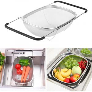 Passoire Evier Cuisine Inox avec Panier &agrave; Mailles Fines et Poign&eacute;es Extensibles en Caoutchouc Retractable Passoire D'&eacute;vier pour &eacute;goutter Laver Les
