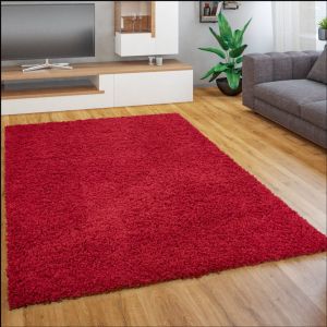 Paco Home Tapis Salon Chambre Adulte Poil Long Shaggy Pelucheux Uni Moderne Moelleux 160 cm rond, Rouge