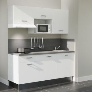 Cuisibane - Kitchenette K30L-PT - 180 cm - plan stratifié, évier inox, - Façade Blanc - Plan Gris béton - Evier Inox - Crédences Oui + Electroménager