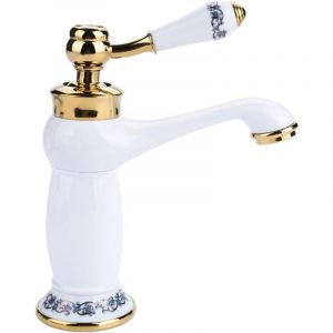 Rétro Mitigeur Robinet de Lavabo Laiton & Céramique Évier Bleu Et Blanc en Porcelaine À Long Cou Vintage Floral avec l'entrée d'eau Froide/Chaude