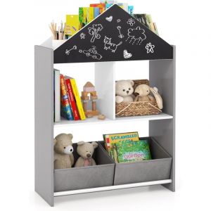 COSTWAY Biblioth&egrave;que Enfant avec Tableau Noir & Blanc, &Eacute;tag&egrave;re &agrave; Livres Enfants avec 2 Tiroirs en Tissu, Kit Anti-basculement, &Eacute;tag&egrave;re &agrave; Jouets pour