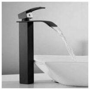1PC Noir Robinet Cascade avec Haut Bec Mitigeur Lavabo Haut Mono-trou Robinetterie Lave-mains avec Levier Unique en Cuivre M&eacute;langeur l'Eau Chaude et