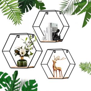 Sinbinta - tagères Murales Hexagonales,Lot de 3 Etagère Murale Noir avec Socle en Bois,Etagere Murale Bois Et Metal Noir Petite Etagere