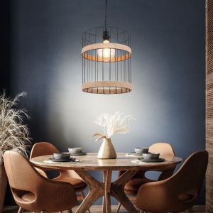 Lampe &agrave; suspension Lampe de table industrielle Lampe &agrave; suspension de salon, grille m&eacute;tallique noire, corde de chanvre, 1x E27, DxH 35 x 145 cm