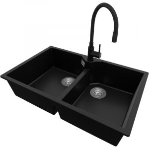 Primagran - Evier Cuisine en Granit 78x50cm, Lavabo 2 bacs + Robinet 40x38cm + Kit de Vidage, Évier à Encastrer au meuble 80cm - Madrid Twin, Noir