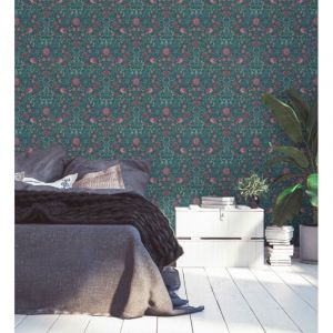 As Creation - Papier peint floral dense bleu p&eacute;trole et rose Tapisserie fleurie avec oiseaux Papier peint emboss&eacute; style cottage id&eacute;al pour chambre