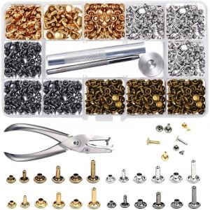 Rivets en Cuir 480 Ensemble 3 Tailles Double Rivet Goujons Tubulaires en M&eacute;tal avec 3 Pi&egrave;ces Outil de Fixation et Punch Pince pour Artisanat en Cuir