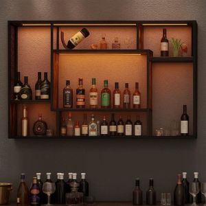 &Eacute;tag&egrave;re &agrave; Vin en M&eacute;tal Murale avec LED, Porte-Bouteilles Mural Industrielle 120x80x15 cm, Etagere Murale Range Bouteille Vin, pour la Maison, Bar,