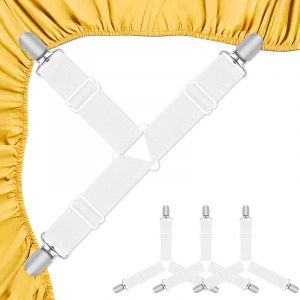 Tendeur Drap Housse, Set de 4 Pièces Blanches Aattache Drap Housse, Élastiques Ajustables Sangle Drap Housse avec Pinces Métalliques pour Draps de