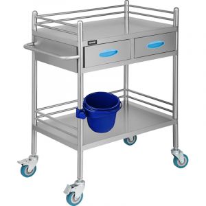 Chariot de Laboratoire Inox, Service Table Roulante Desserte 2 Plateaux 2 etages 2 Tiroirs en Acier Inoxydable, Omnidirectionnel Dentaire Salon de