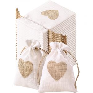 30PCS Sachets en Toile de Jute 10x14cm Pochettes Jute en Motif de Coeur Lot de Petit Sac avec Cordon Continir Bonbons Bijoux Boite Cadeau Dragees