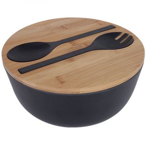 Saladier en fibre de bambou avec couverts - Grand saladier de 25 cm en bambou massif avec couvercle et cuill&egrave;re en bambou, id&eacute;al pour les fruits, les